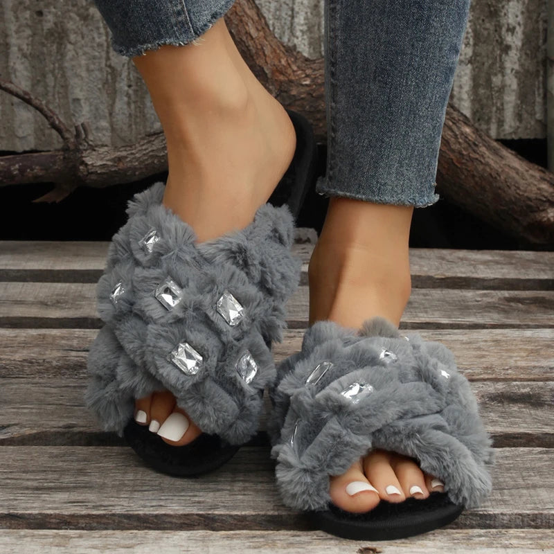 Women's Plush Crisscorss Slippers with Gem Stones