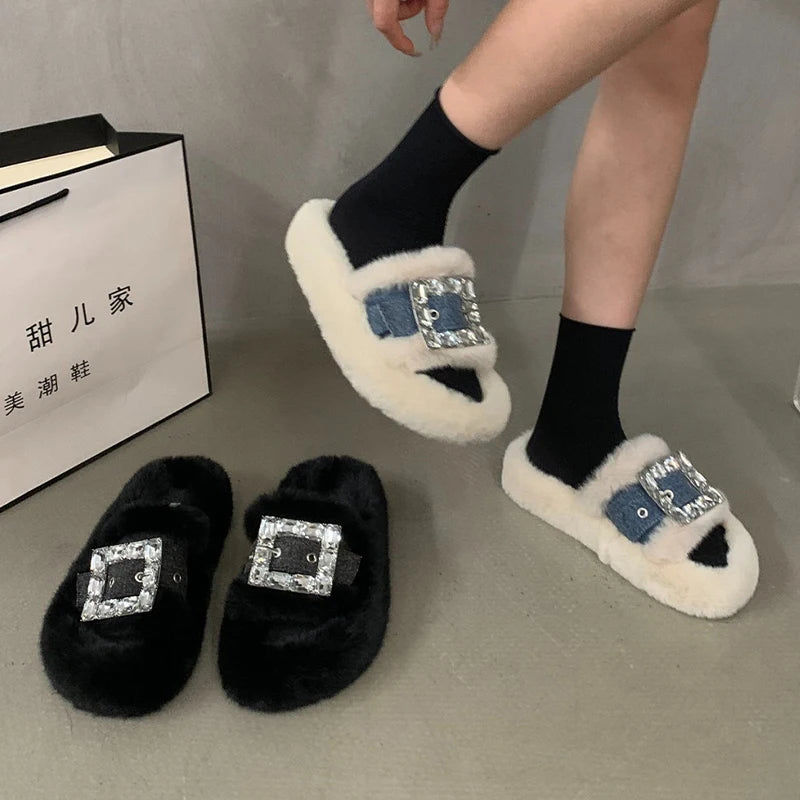 Women's Fur Slippers with a Rhinestone Buckle