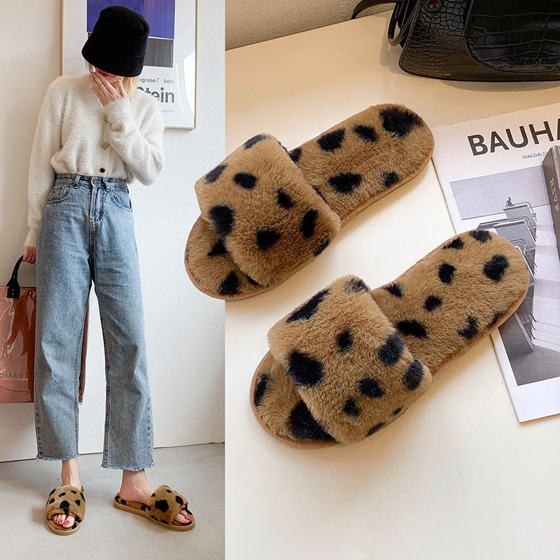 Leopard Print Plush Slippers for Women