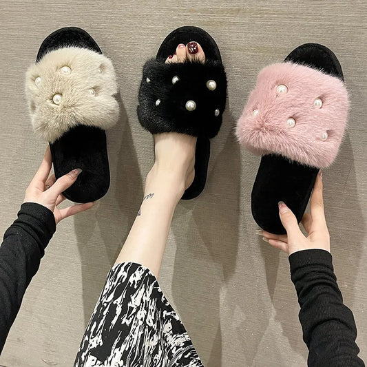 Fur Slippers with Pearls for Women