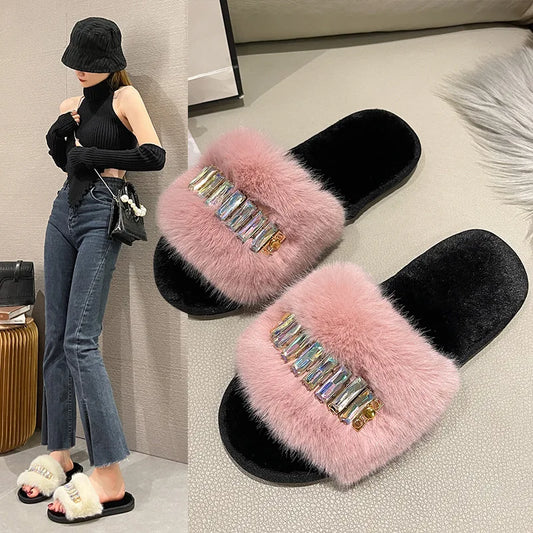 Women's Plush Slippers with Rhinestones