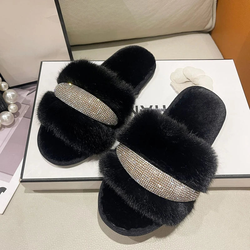 Fur Slippers with Rhinestones for Women