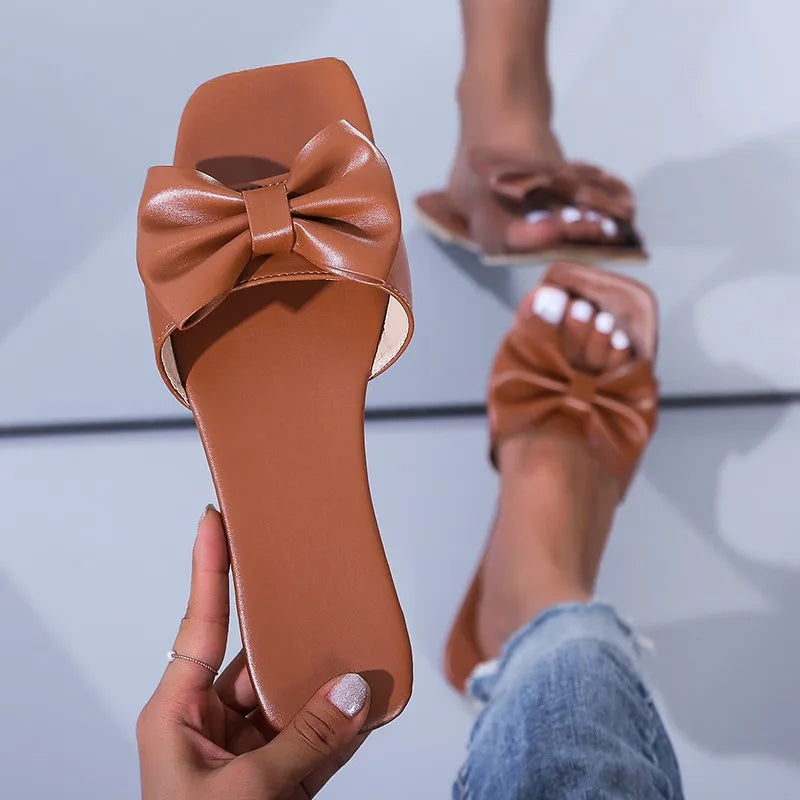 Women's Square Toe Slippers with Regal Bow