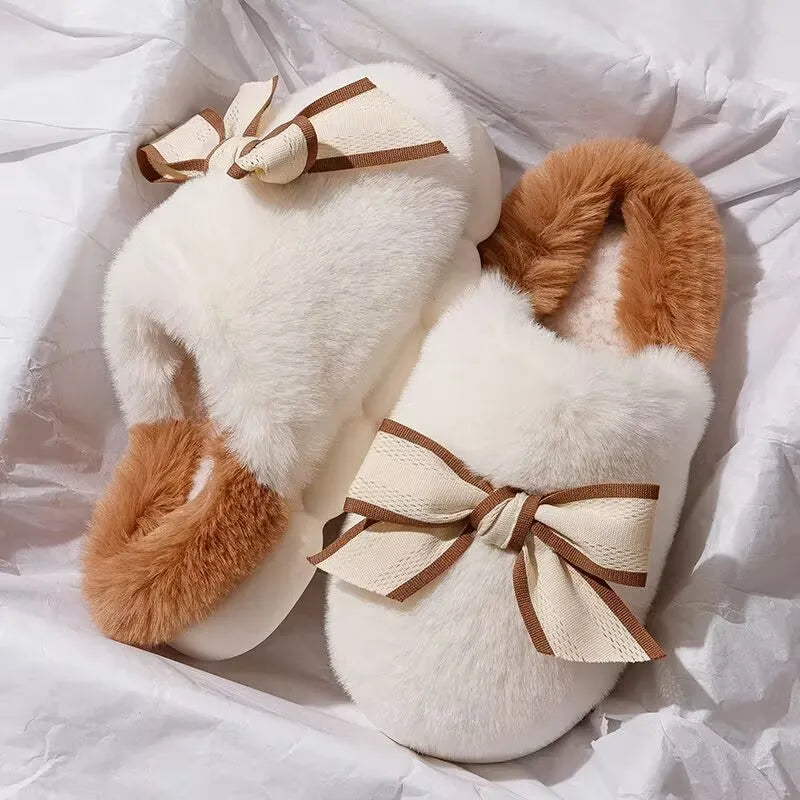 Plush Fur Slippers with Bow for Girls