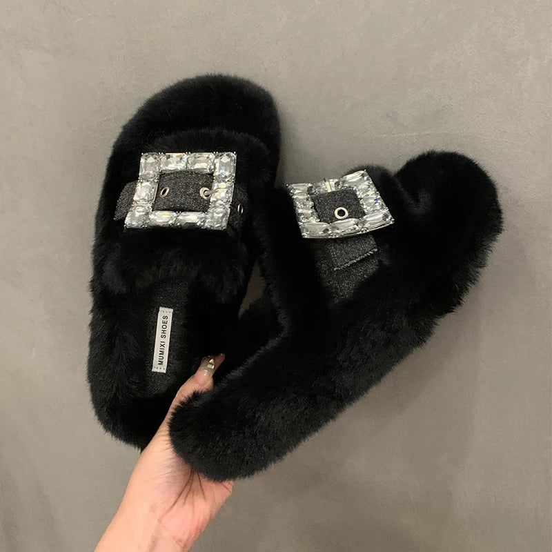 Women's Fur Slippers with a Rhinestone Buckle