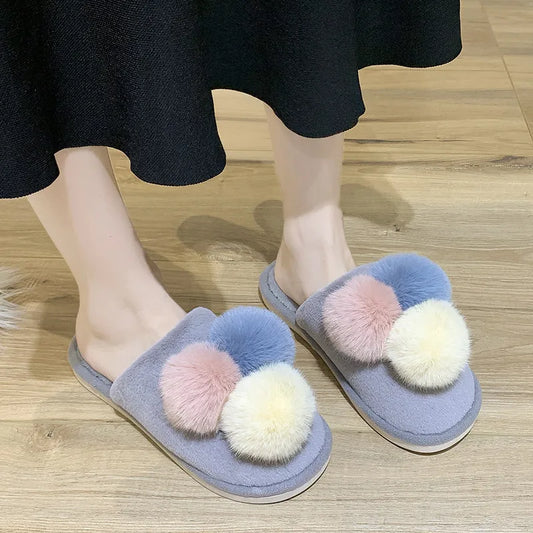 Mule Slippers with Multi-Color PomPoms for Women