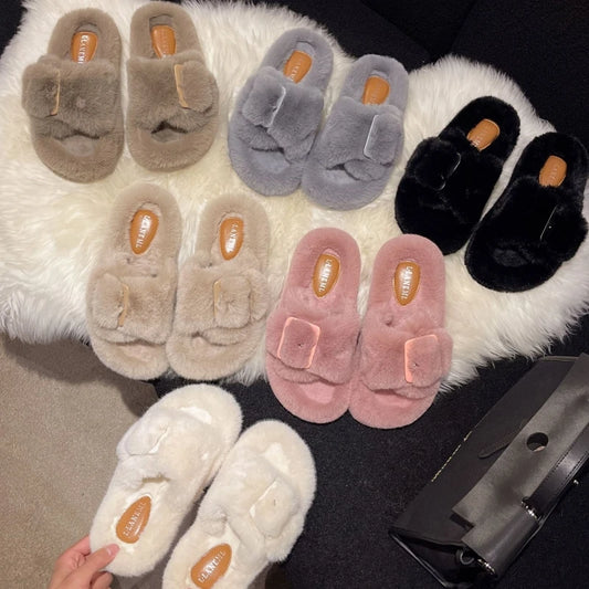 Fur Slipper Slides with Side Buckle for Women