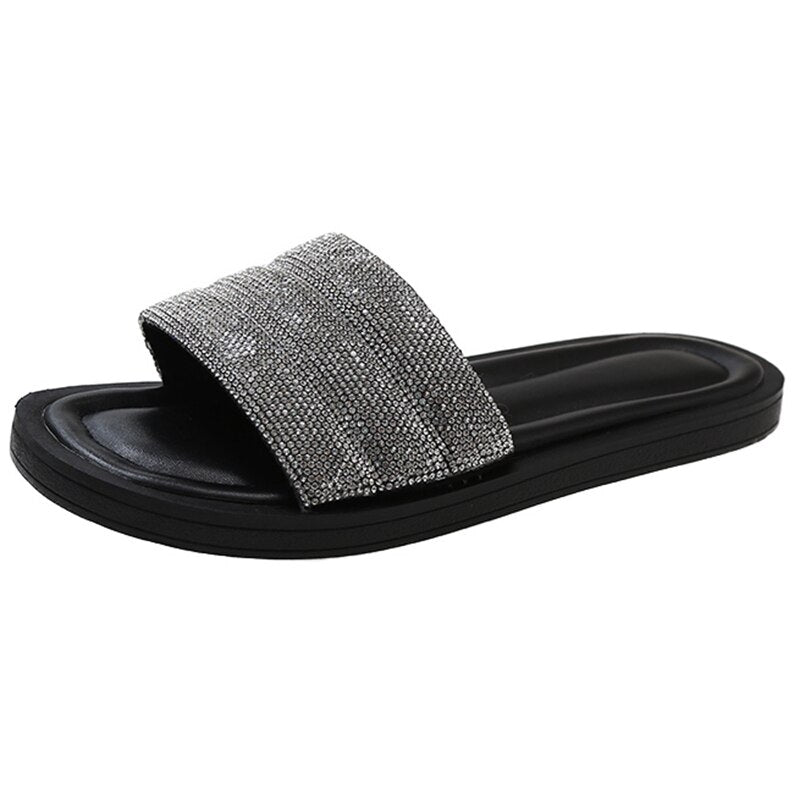 Rhinestone Fashion Flat Heel Slippers for Women - Slippers Galore