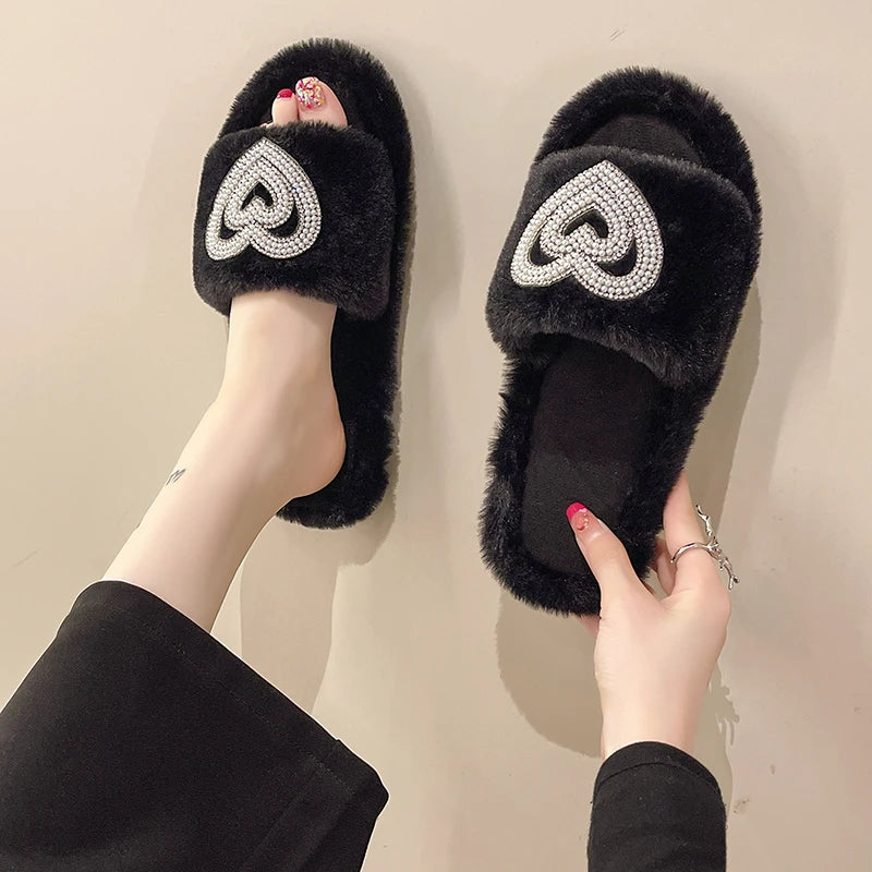 Fur Slippers for Women with Pearl and Rhinestone Heart