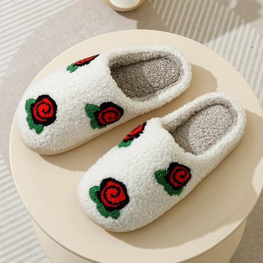 Fleece Slippers with Rose Embroidery for Women