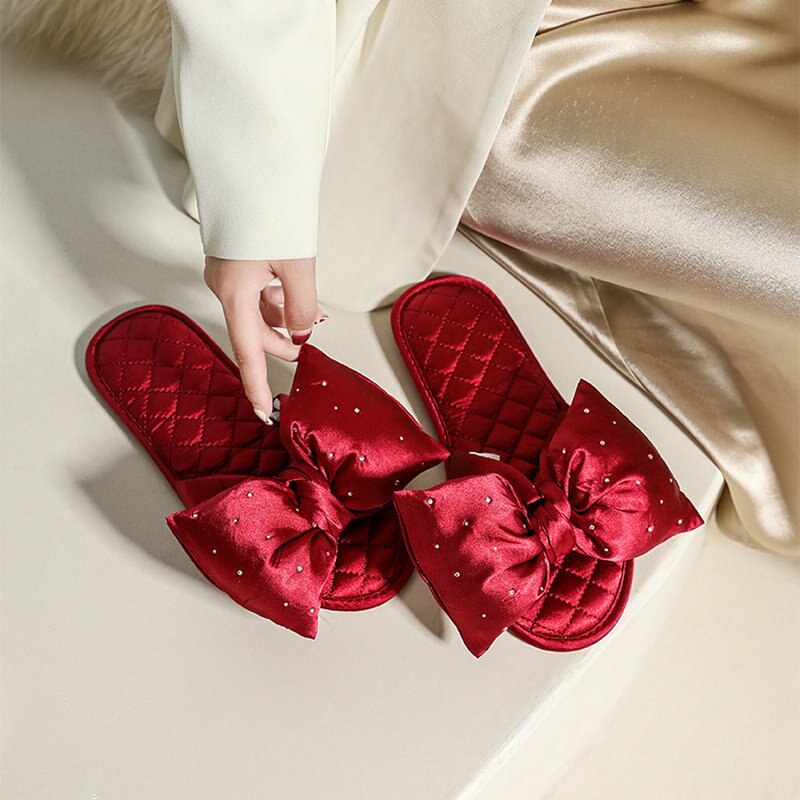 Satin Slippers for Women with Rhinestone Bow - Slippers Galore