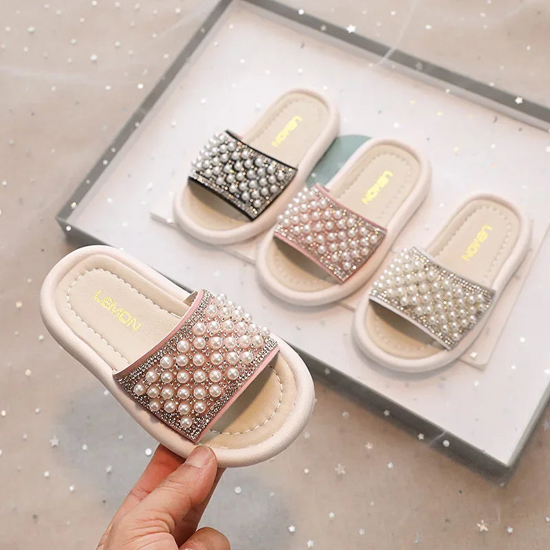 Pearl & Rhinestone Slipper Slides for Girls