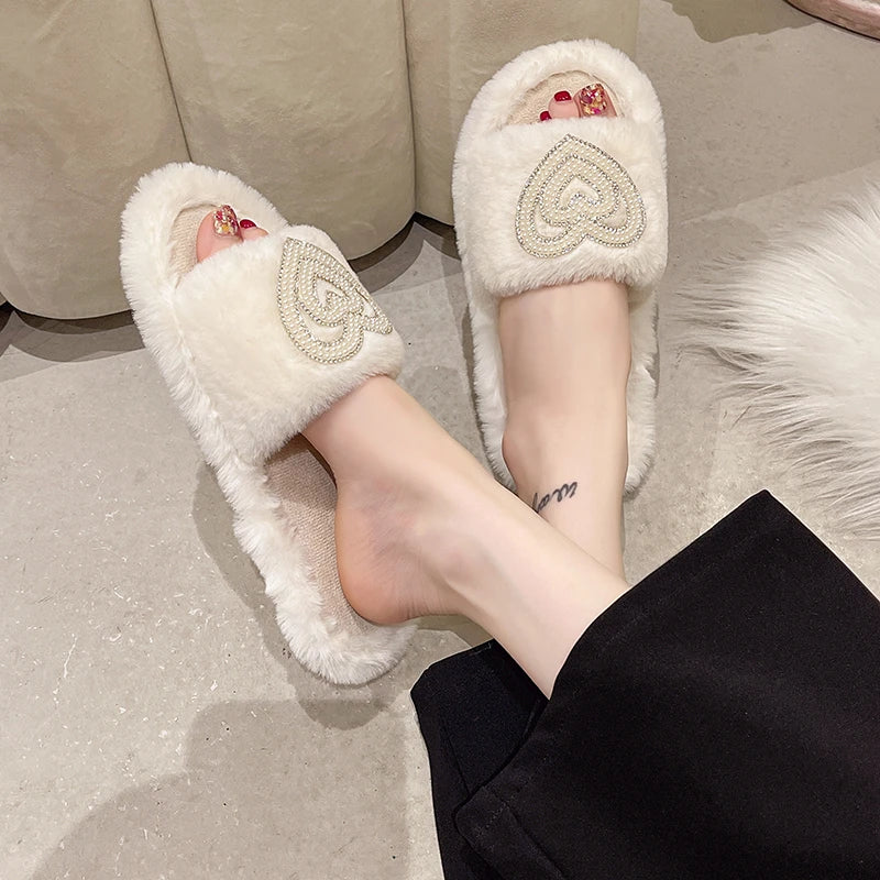 Fur Slippers for Women with Pearl and Rhinestone Heart