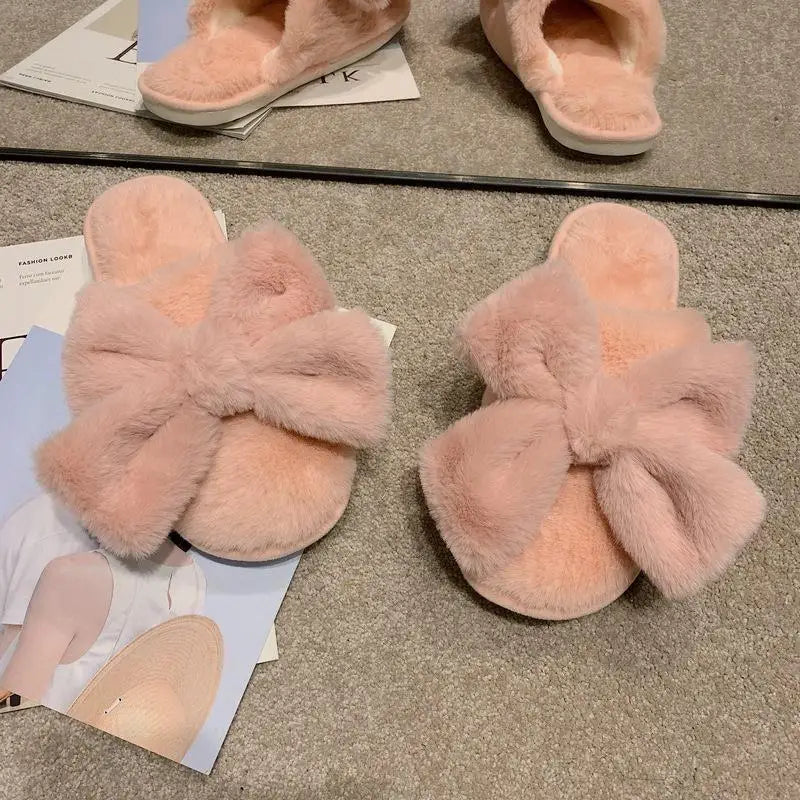 Mule Slippers with Plush Bow for Women