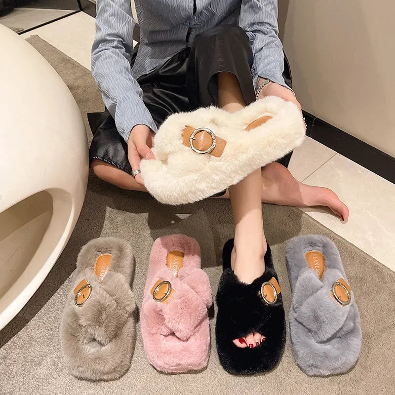 Women's Fashion Criss Cross Fur Slippers