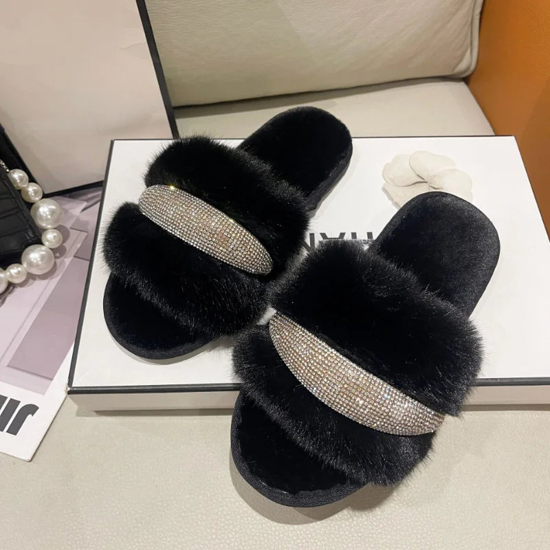 Fur Slippers with Rhinestones for Women