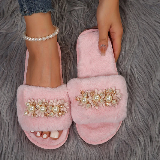 Plush Slippers with Pearls for Women