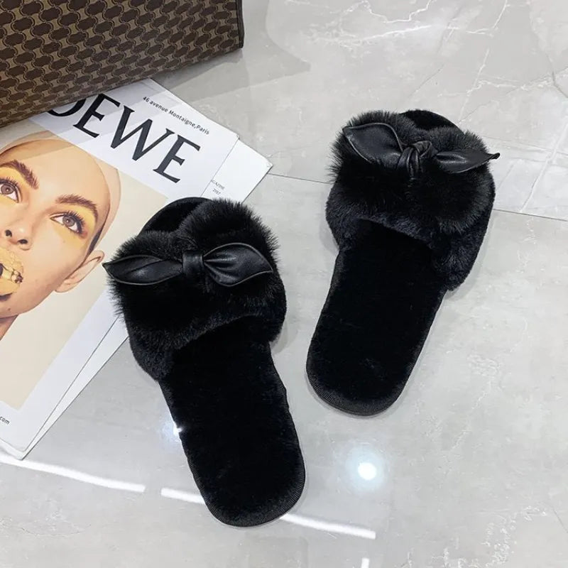 Plush Slippers with Bow for Women
