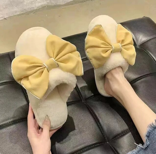 Women's Fur Slippers with Large Silky Bow