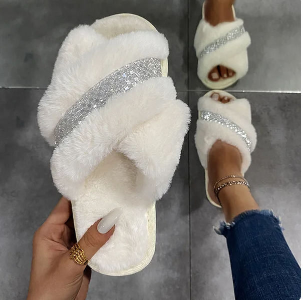 Rhinestone Faux-Fur Slippers for Women