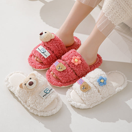 Lambswool Slippers with 3D Teddy Bear for Girls