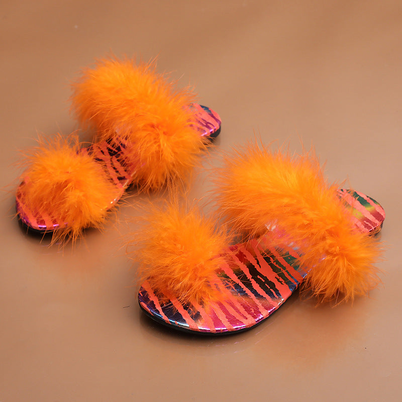 Women's Slipper Slides with Faux-Ostrich Fur