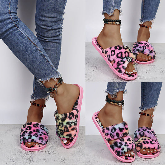 Plush Leopard Slippers for Women