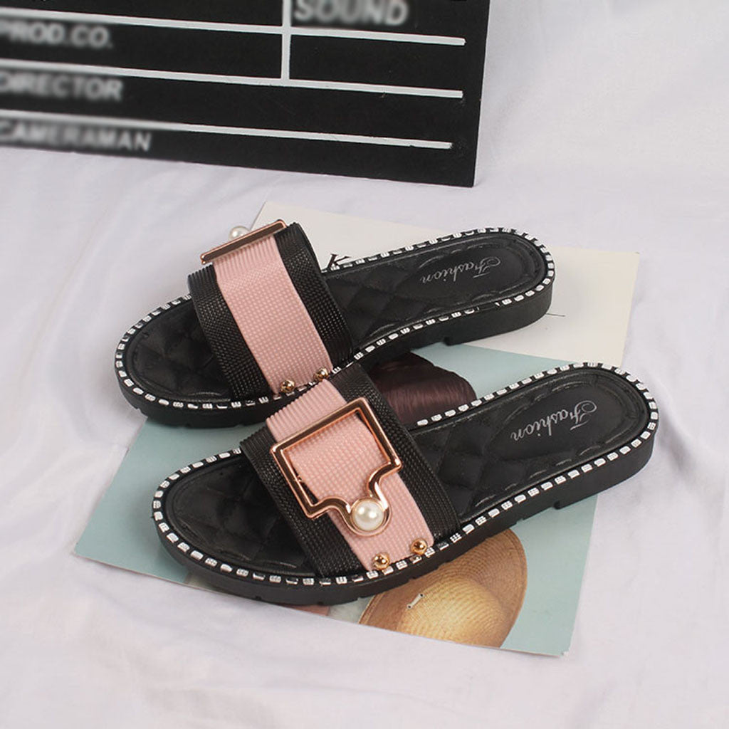 Slide Slippers with Pearl Buckle for Women