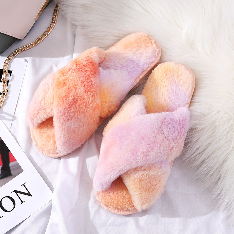 Womens Plush Rainbow Colored Criss Cross Slippers - Slippers Galore