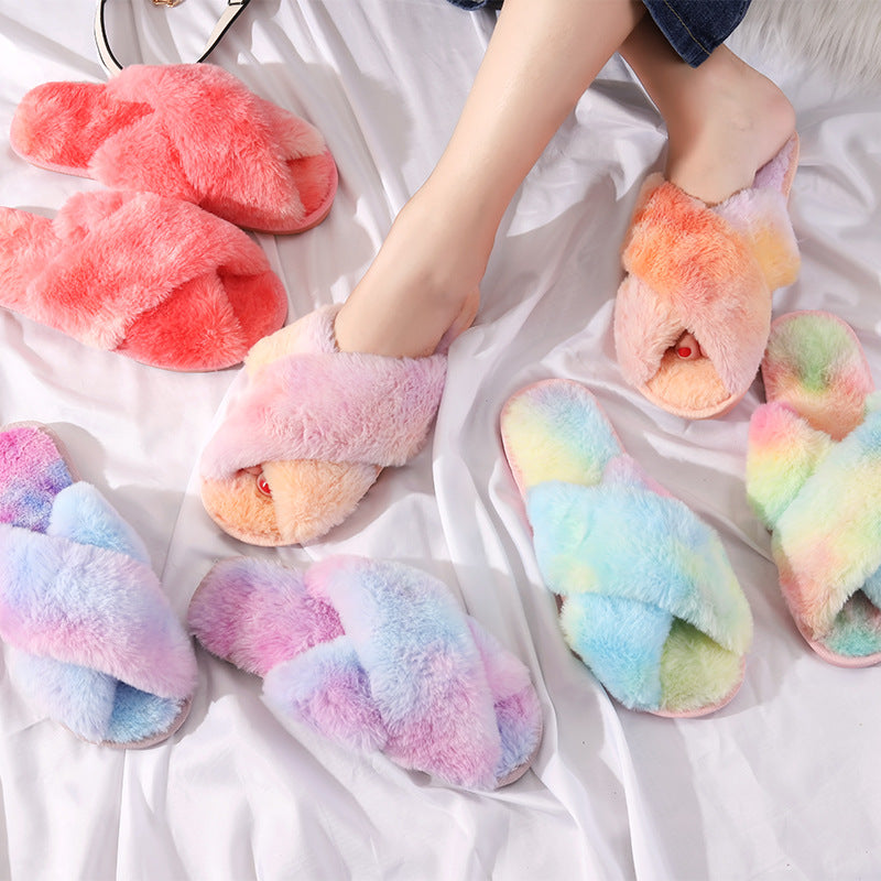 Womens Plush Rainbow Colored Criss Cross Slippers - Slippers Galore