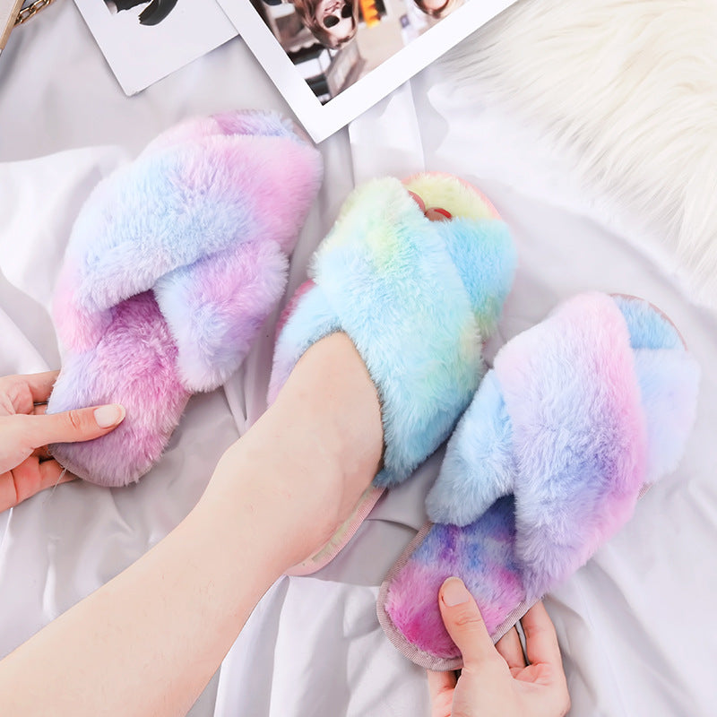 Womens Plush Rainbow Colored Criss Cross Slippers - Slippers Galore