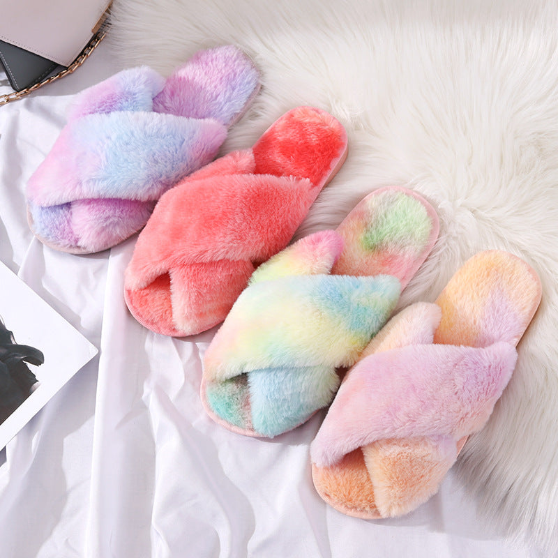 Womens Plush Rainbow Colored Criss Cross Slippers - Slippers Galore