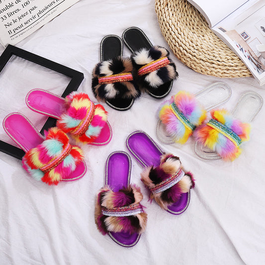 Multi-Color Faux-Fur Slippers with Rhinestones for Women