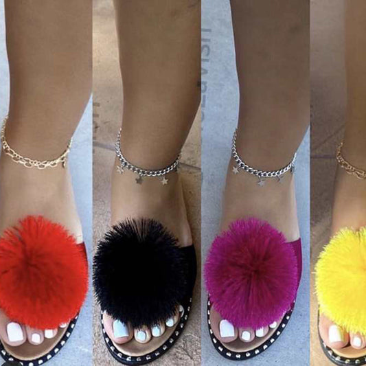 Fuzzy Pom Pom Flat Slippers for Women