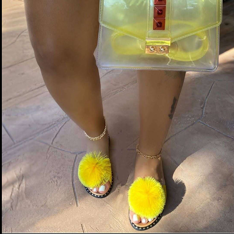 Fuzzy Pom Pom Flat Slippers for Women