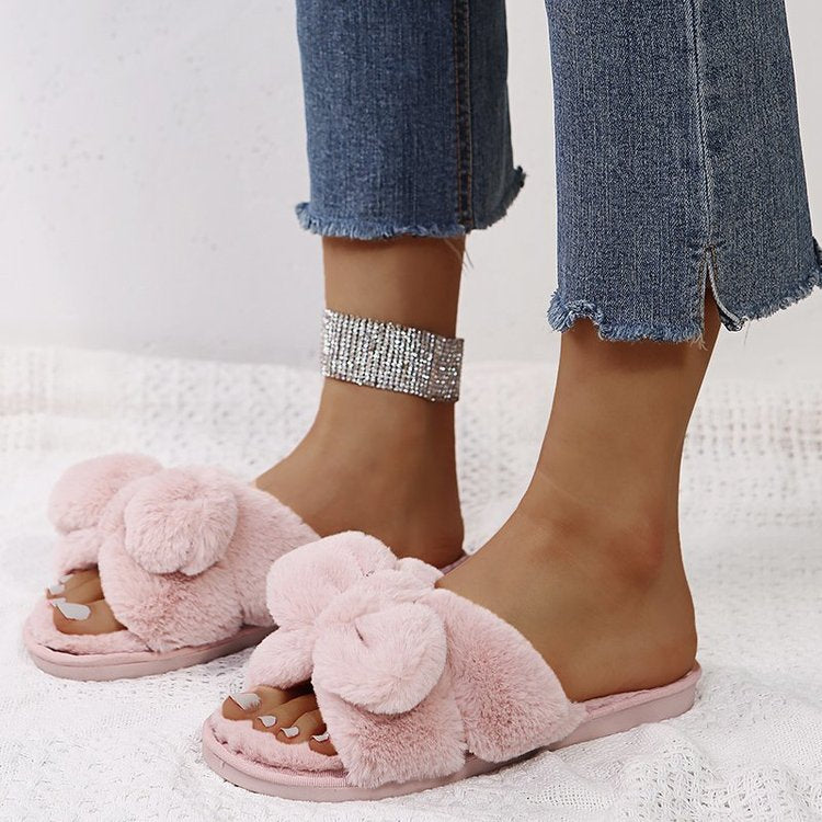 Bow-Knot Plush Slippers for Women