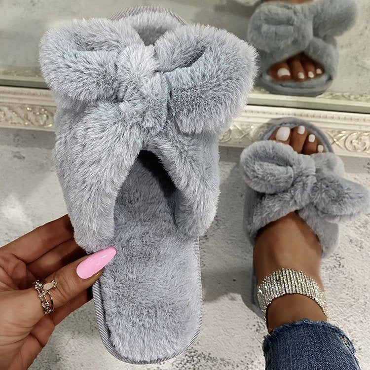 Bow-Knot Plush Slippers for Women