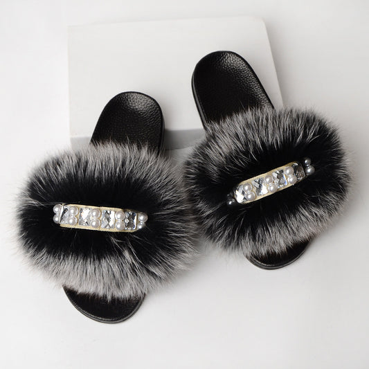 Faux-Fur Slippers with Pearls for Women