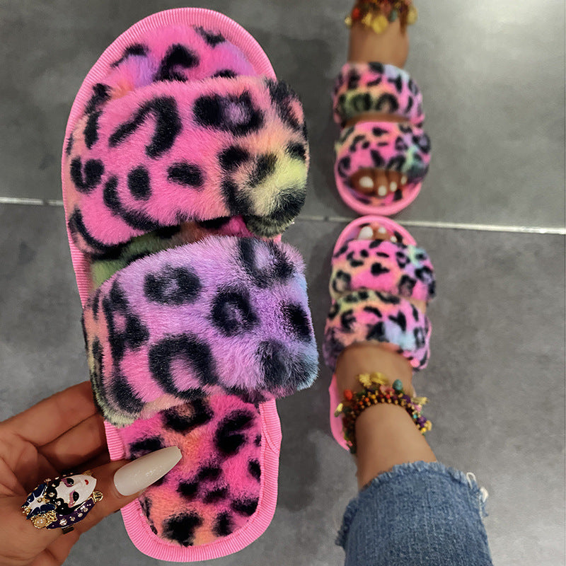 Plush Leopard Slippers for Women