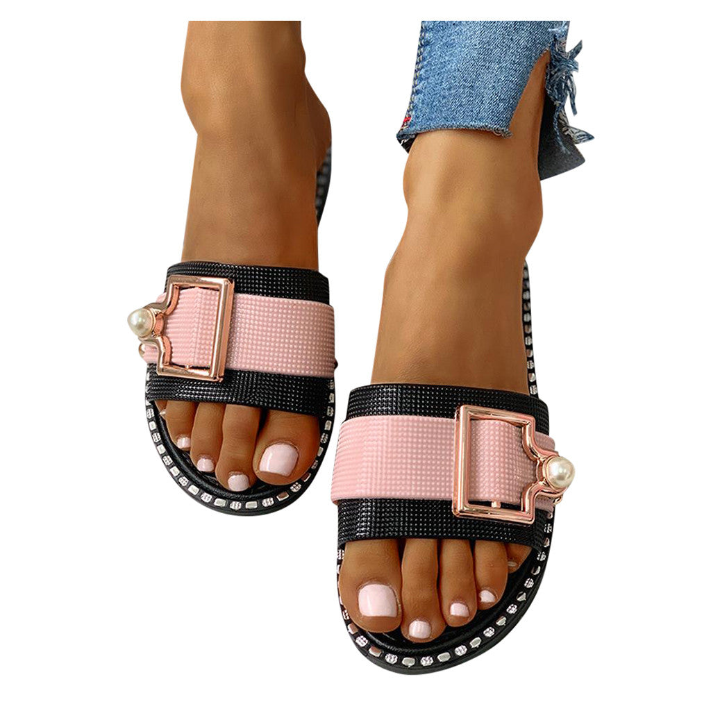 Slide Slippers with Pearl Buckle for Women