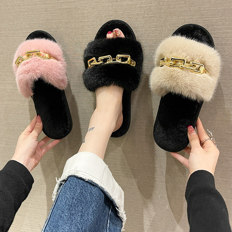 Faux-Fur Slippers with Gold Links for Women