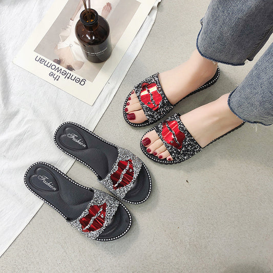 Rhinestone Slippers with Red Lips for Women