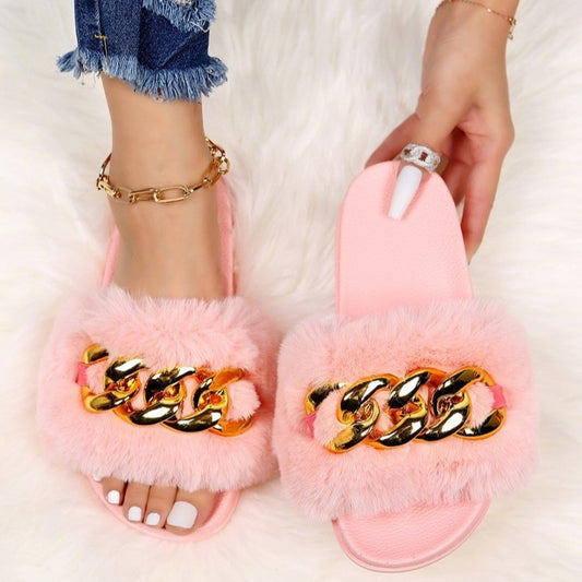 Women's Faux-Fur Slippers with Gold Links