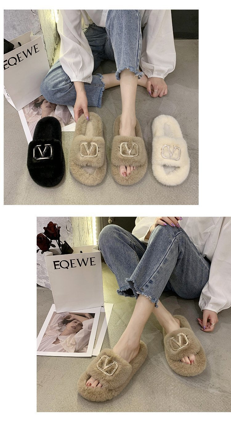 Plush Slippers with Metal Logo for Women