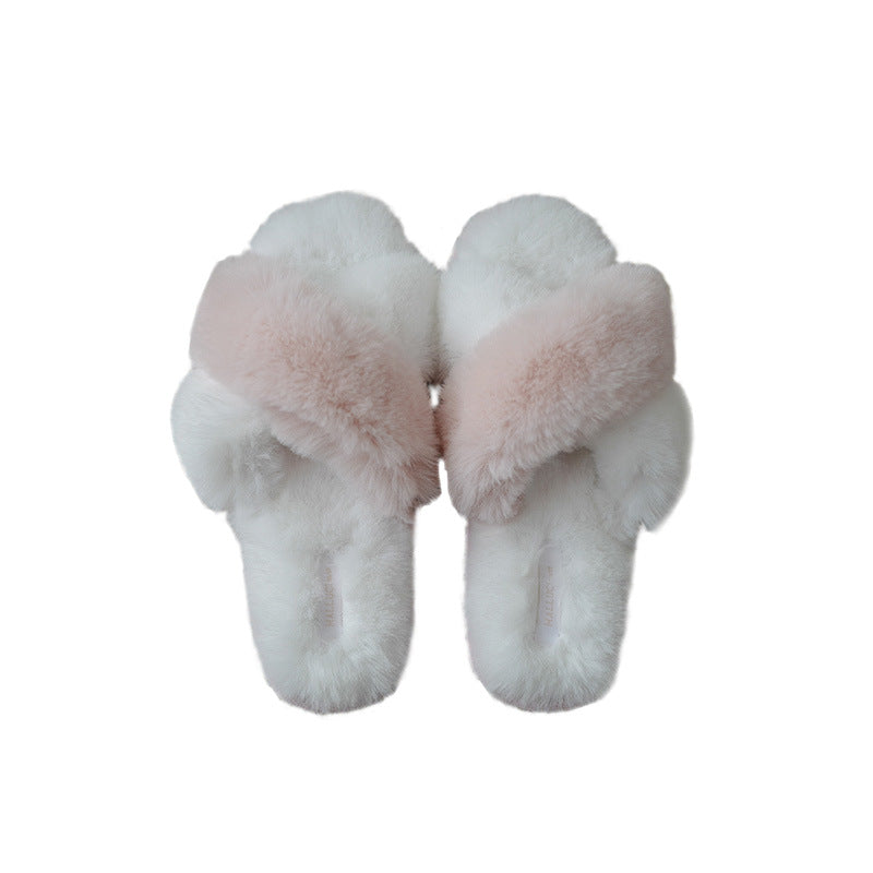 Two-Toned Furry Criss Cross Soft Bottom Slippers for Women