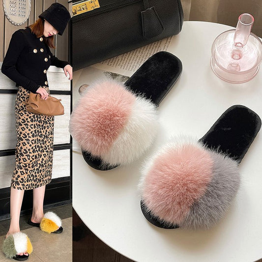 Fluffy Tricolored Faux-Fur Slippers for Women