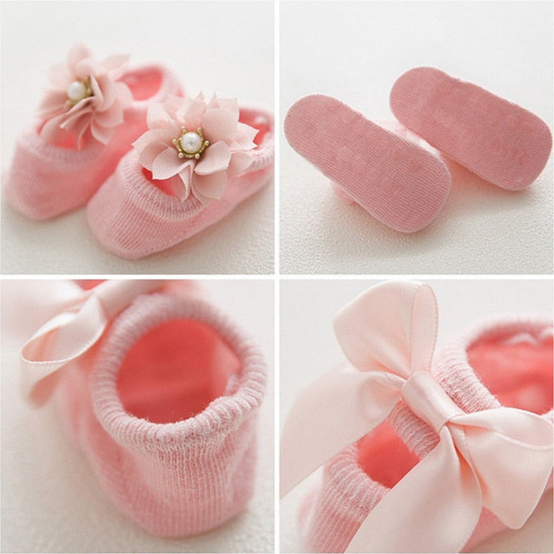 Lace Bows and Flower Socks for Toddlers - 3 Pairs