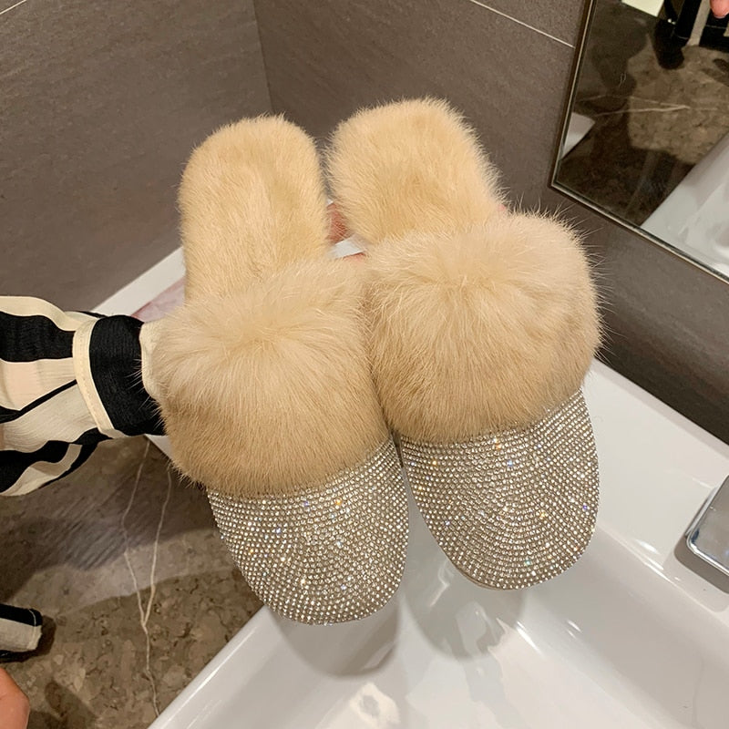 Womens Luxury Rhinestone Slippers with Faux-Fur - Slippers Galore