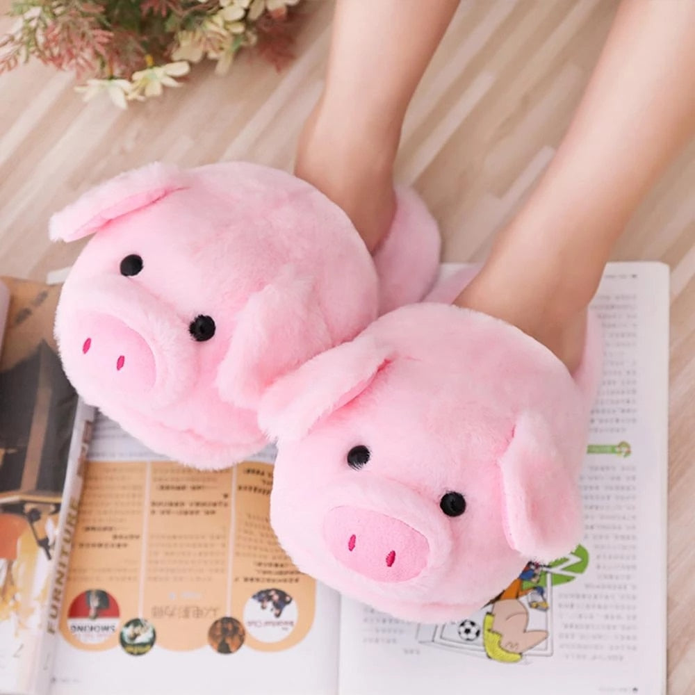 Womens Plush Pink Pig Slippers - Slippers Galore