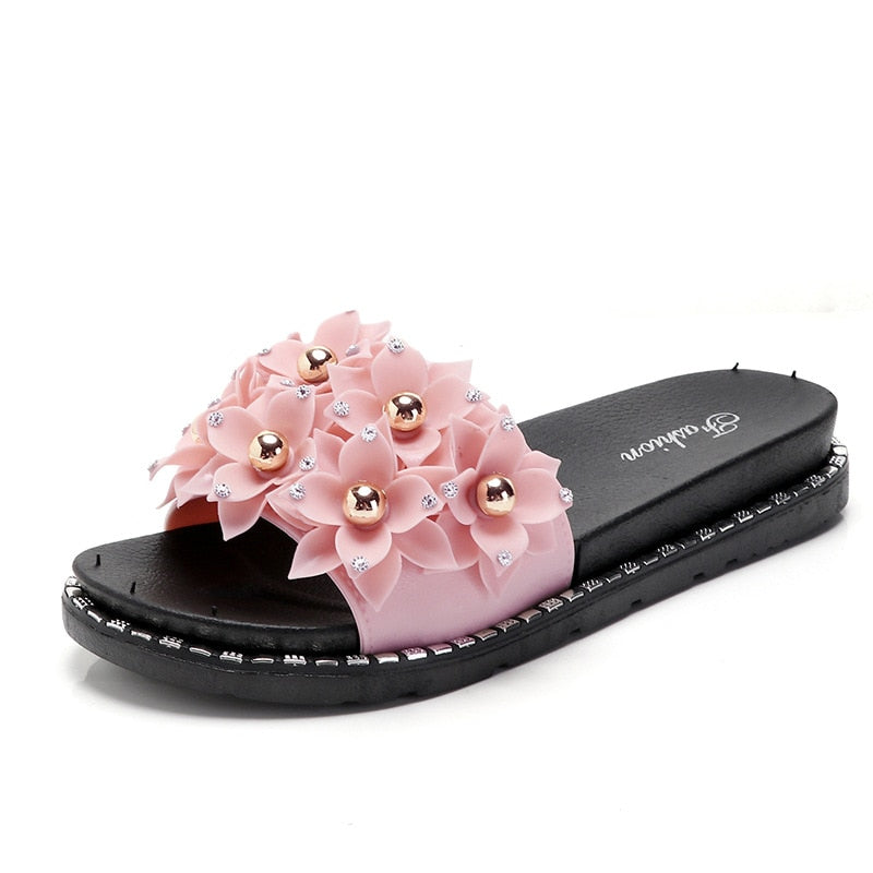 Women Slippers with Flowers and Gold Beads - Slippers Galore